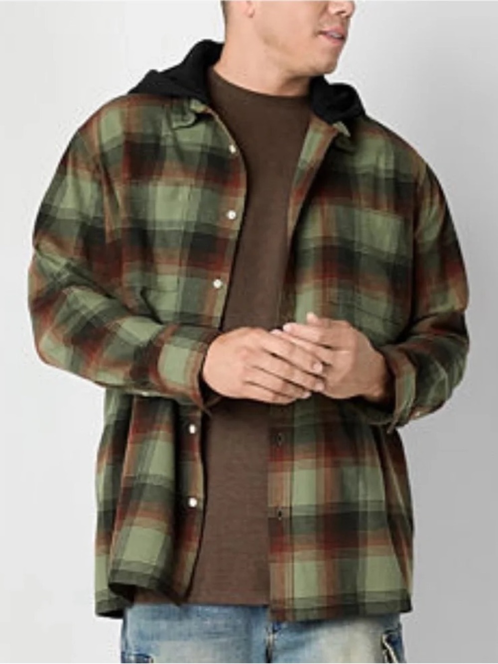 NWT Arizona Jean Co. Men’s Olive Green Plaid Hooded Flannel, 2XLT